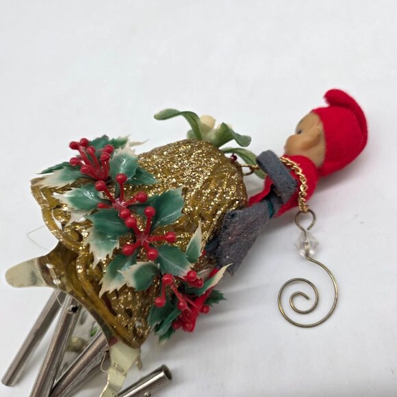 Vintage 1970s Christmas Elf Wind Chime Ornament With Holly & Bell Decoration - Picture 7 of 9